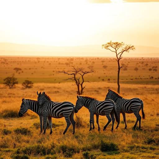 A vast savanna landscape with grazing zebras in Serengeti National Park, Tanzania