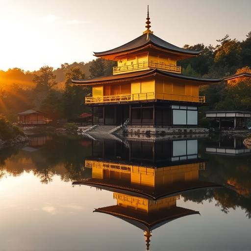 The serene Golden Pavilion (Kinkaku-ji) reflecting in a pond in Kyoto, Japan